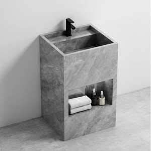 Meuble-lavabo en marbre gris clair italien CR 100 cm avec miroir LED et lavabo encastré - Product Image 4