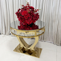 Table de mariage en acier inoxydable au design industriel avec plateau miroir et pendentif en cristal, pour banquets, dîners, gâteaux, fêtes et événements