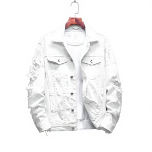Veste en jean blanche pour homme, boutonnée, déchirée, délavée, couleur unie, coupe classique, pour l'automne - Product Image 1