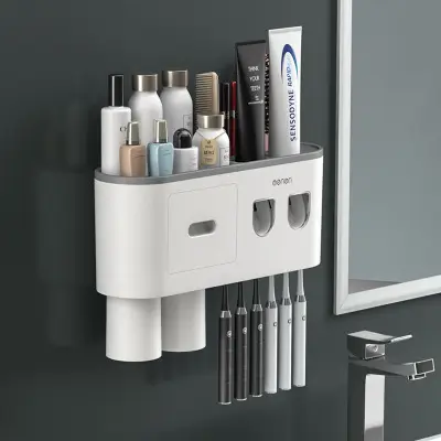 Magnetic Toothbrush Holder With 2 Cups Automatic Toothpaste Squeezer Dispenser Bathroom Accessories