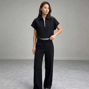 Ensemble 2 pièces pour femmes, short et pantalon large à fermeture éclair, noir uni, style minimaliste, toutes saisons, manches courtes, sans col, séchage rapide - Product Image 1