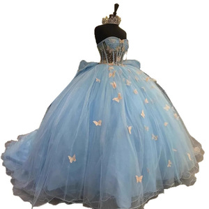 Light Blue Tulle Ball Gown Strapless 3D Butterfly Princess Dress Floral Print Prom Dress Natural Waistline - Product Image 5