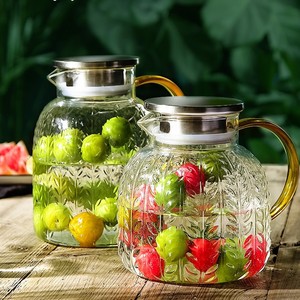 Large Capacity Glass <b>Cold</b> Water Pitcher 1800ml Wheat Pattern Steel Lid With Matching <b>Cup</b> For Cooling Boiled Water Party Use - Product Image 2