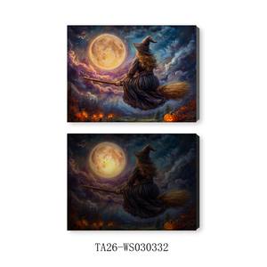 Toile d'art lumineuse à LED |   Peinture encadrée <span class=keywords><strong>squelette</strong></span> et sorcière pour Halloween, idéale pour salon et entrée - Product Image 4