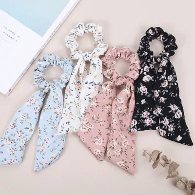 GENYA Bowknot Ribbon Elastics Hair Bands Scrunchy Flowers and Solid Colors Hair Rope Ties Floral Scrunchie