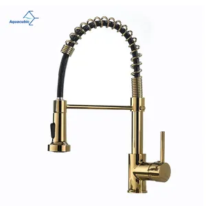 Aquacubic Polished Gold Kitchen Faucet Sink Spring Faucet With Dual Function Pull Down Sprayer