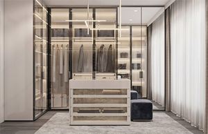 Armoire moderne de luxe avec cadre en aluminium et porte en verre, organisateur de vêtements, armoire en bois, meubles de chambre à coucher, dressing - Product Image 3