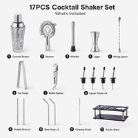 17Pcs Set Shaker Koktail Baja Tahan Karat 304 Dengan Gelas Ukur & Dudukan Akrilik OEM ODM Label Pribadi Perlengkapan Bartender