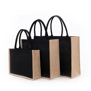 Siyah büyük yazdırılabilir jüt alışveriş çantası organik çuval bezi kenevir tote çanta özel logo