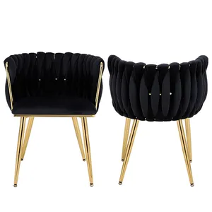 Unique Design Hot Sale Modern Hand Weaving Side Chair Black Velvet Upholstered Dining Chairs With Gold Legs