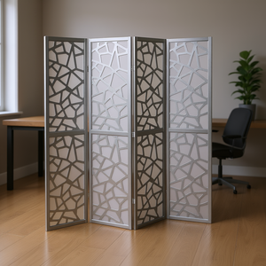 Paravent moderne DB Giyano à 4 panneaux, en bambou découpé au laser argenté, pliable et mobile, design abstrait - Product Image 2