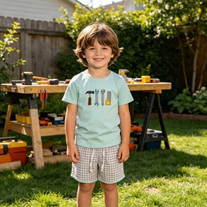 BSSO1666 rts Boutique Baby boy Blue tool embroidery Clothing Set kids Outfits Wholesale short sleeve set - Product Image 1