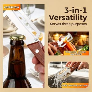 NUEVO Pelador de Verduras 3 en 1 con Mango de Madera Sólida, Abrebotellas y Cortador de Cebollín, Pelador de Cocina de Acero Inoxidable - Product Image 4