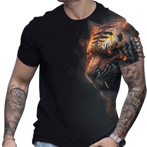 Fitspi 3d Tiger Print T-shirt Animal Men's Shirts Summer Short Sleeved Male Pullover Oversized Tops Tees Men Clothing