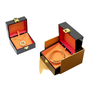 Boîte à bijoux élégante en bois avec serrure métallique, étui de rangement avec doublure rouge-orange pour collier en or, bracelet, bijoux, emballage cadeau - Product Image 1