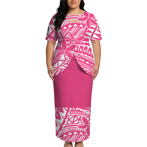 Nuovo Design Abito Maxi con Stampa Tribale Polinesiana e Ritaglio sul Petto, Vestito Puletasi Samoano, Abito a Maniche Corte Plus Size per Donna, Set 2 Pezzi - Product Image 4