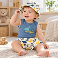 Setelan Pakaian Bayi Musim Panas 3 Potong Grosir, Bahan Katun Murni Bernapas, Romper Tanpa Lengan, Celana Pendek, dan Topi Bucket Senada