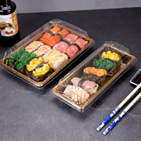 Boîte à sushi rectangulaire jetable en plastique de style japonais avec feuille d'or, plateau d'emballage alimentaire rectangulaire en plastique avec couvercle