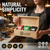 Organizzatore per Bustine di Tè in Legno di Pino Naturale Inciso Landy, Scatola Sottile a 3 Scomparti per Dispensa, Vendita all'Ingrosso