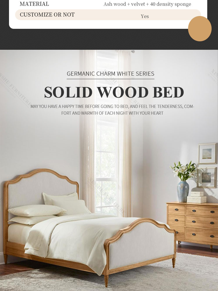high quality american solid wood frame cotton linen double bed vintage bedroom large solid wood bed