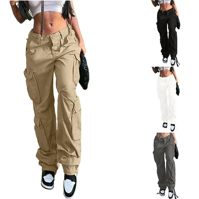 Cortar y coser Y2K en blanco multi bolsillo mujer blanco negro personalizado mujer señoras cargo pantalones para mujer alta calidad