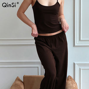 QINSI Lounge Wear Women Sets Custom <strong>Ladies</strong> 2 Piece <strong>Crop</strong> Top Knitted Set Spring Camisole Pant <strong>Pyjamas</strong> Two Pieces Sleepwear - Product Image 1