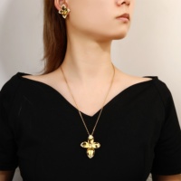Ensemble collier et boucles d'oreilles pendantes trèfle à quatre feuilles 3D poli miroir, couleur or, bordure strass, longue chaîne, bijoux de mode pour femme