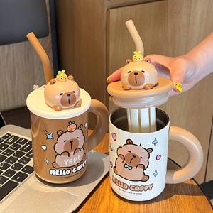 Taza Aislada Hello Cappy de 470 ml, Color Marrón, con Tapa de Oso y Pajita para Café y Té - Product Image 4