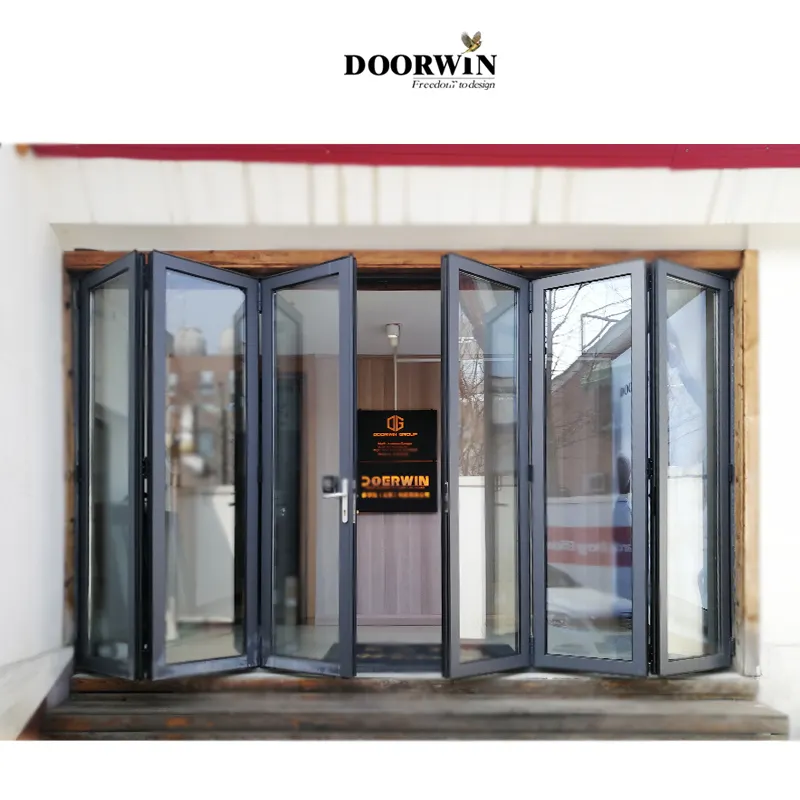 Fashion Design Aluminium Geluiddichte Dubbele Geglazuurd Front Deuren Exterieur Aluminium Vouwen Patio Bifold Deuren