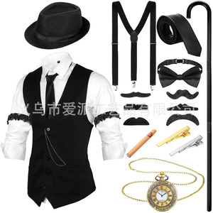 Conjunto de disfraz elegante para hombre con sombrero, corbata, cigarro, reloj de bolsillo, bastón, tirantes, pajarita, bigote y accesorios para fiesta - Product Image 1