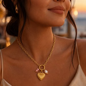 JUSNOVA Collar de Eslabones Gruesos de Acero Inoxidable con Baño de Oro PVD de 18K, Colgante de <span class=keywords><strong>Esqueleto</strong></span> de Pez y Piedra Rosa Perla, Venta al por Mayor y Suministro a Granel - Product Image 3