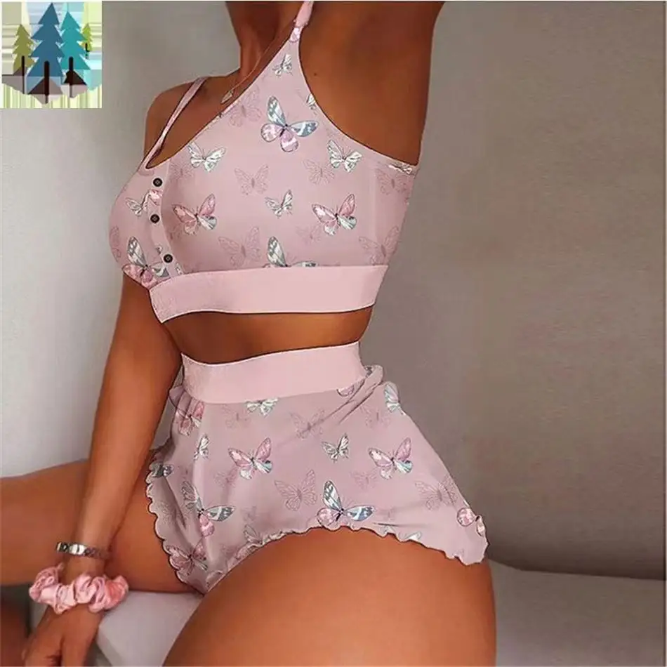 Talla de mujer ropa de dormir Sexy pijamas conjunto moda fresa estampado dibujos animados Sling dos piezas Homewear Sweet Plus