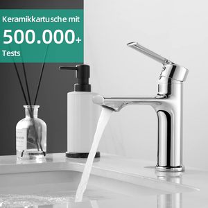 Robinet de lavabo Cobbe contemporain à monobloc monotrou, économie d'eau, finition chromée, valve en céramique pour eau froide et chaude - Product Image 5