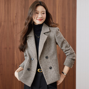 Houndstooth Wool Blazer Women Grey Suit Double Breasted Pocket Design Casual Office Wear - Product Image 4