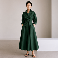 Robe midi pour femme, col chemise, unie, taille nouée, amincissante, manches 3/4, décontractée, élégante, en lin/coton, avec poches