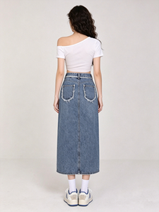Jupe midi en <span class=keywords><strong>jean</strong></span> vintage fendue sur le devant pour femme, taille haute, élégante, coupe trapèze, longue, style chic français, été 2026 - Product Image 3