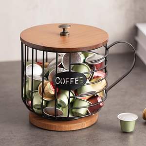 Porte-capsules à café en fil métallique rustique de grande capacité, panier avec couvercle en bois, forme de tasse, organisateur de rangement multifonctionnel détachable - Product Image 2