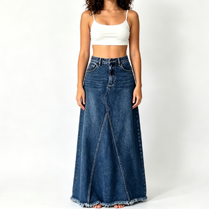 <span class=keywords><strong>Jupe</strong></span> longue en <span class=keywords><strong>jean</strong></span> taille haute asymétrique coupe trapèze pour femme avec ourlet brut, décontractée, bleu délavé, personnalisable - Product Image 1