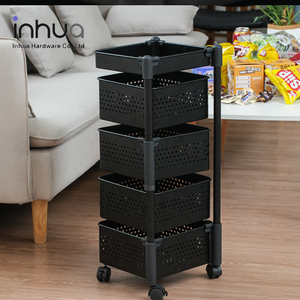 4-layer Square Black Metal Sturdy Storage Rack Shelf Carts Rotating Storage Shelf Storage Rack Floor Standing Movable Shelf