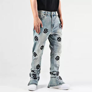 सभी मौसमों के लिए हिप हॉप कढ़ाई ठोस रंग लाइट वॉश स्टैक डेनिम स्टैक डेनिम पैंट - Product Image 3