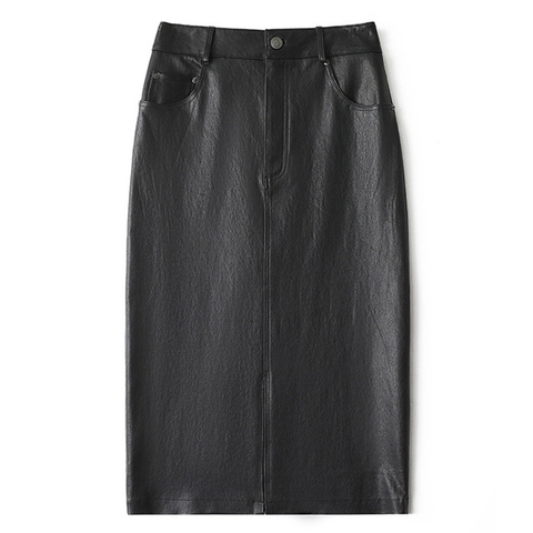 9998-6 New Arrival Elastic Leather Front Split Sheepskin Mid Length Skirt for Women
