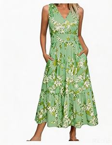 Vestido Midi de Gasa sin Mangas con Estampado Floral para Mujer, Cuello en V, Cintura Elástica, Corte en A, Holgado, con Bolsillos, Vestido Casual de Verano - Product Image 6