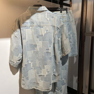 Produttore di Abbigliamento Personalizzato <span class=keywords><strong>Camicia</strong></span> a Maniche Corte in <span class=keywords><strong>Denim</strong></span> Lavato con Motivo a Quadri Ricamato Antirughe Traspirante OEM per Uomo - Product Image 5