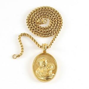 Collar con colgante de Jesús María en relieve de acero inoxidable chapado en oro de 18 quilates, collar de cadena con caja de abalorio de cruz cristiana religiosa - Product Image 6