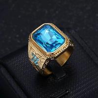 Bague pour homme en acier inoxydable plaqué or 18 carats, motif géométrique, verre bleu et diamant, style hip-hop tendance, bijou étanche avec pierre précieuse