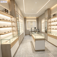 Meuble de présentation pour opticien Maxsen en bois clair, vitrine murale LED pour lunettes, verre trempé, finition couleur personnalisable, comptoir