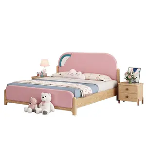 China House Wooden Single Fancy Modern Upholstered Princess Solid Wood Kids Bed for Girls Pink