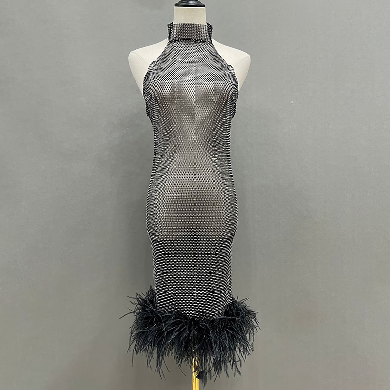 feather bodycon dress O Neck Long Sleeve Luxury Sequin Feather Midi Dress Elegant White Sequ –  Bartolini main image 0