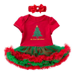 Set di 2 Pezzi per Bambine, Vestito Natalizio da Festa, Abito Principessa in Rete Rosso e Verde con Testa di Babbo Natale per Neonata - Product Image 6