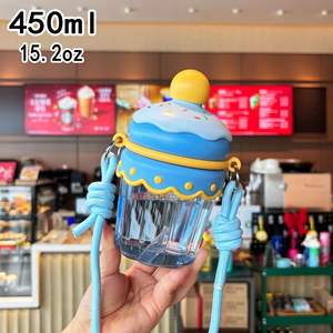 HECION Nouvelle gourde en plastique de grande capacité, forme de dessin animé mignonne, avec paille, bouteille d'eau portable pour enfants, sangle, 450 ml - Product Image 5